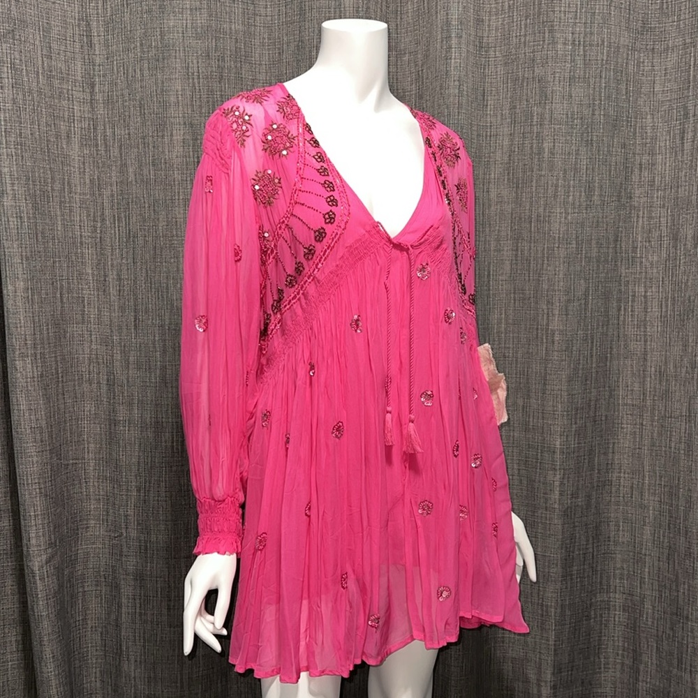 NWT Free People Party New Moon Beaded Chiffon Tunic Dress Pink, XS - Picture 4 of 16